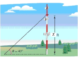 <strong>A guy wire runs from the ground to a cell tower.The wire is attached to the cell tower x = 100 feet above the ground.The angle formed between the wire and the ground is 43° (see figure).How long is the guy wire. ?? ?</strong> A)166.6 ft B)?146.6 ft C)?156.6 ft D)?161.6 ft E)?151.6 ft