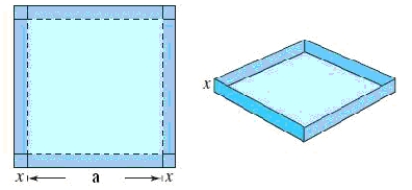  An open box is to be made from a square piece of material,38 inches on a side,by cutting equal squares with sides of length x from the corners and turning up the sides (see figure) ​   ​ where  a = 38 - 2 x  . Determine the domain of the following function,V(x) represents the volume of the box .​  V ( x )  = x ( 38 - 2 x )  ^ { 2 }  ​ A) Domain:  0 < x \leq 19  B) Domain:  0 \leq x \leq 38  C) Domain:  0 < x < 38  D) Domain:  0 \leq x \leq 19  E) Domain:  0 < x < 19