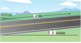<strong>A straight road rises with an inclination of 0.21 radian from the horizontal (see figure).Find the slope of the road and the change in elevation (x)over a two-mile stretch of the road.Round your answer to four decimal places for the m round your answers to nearest whole number for change in elevation. a = 2 , b = 0.21 </strong> A) \begin{array} { l } m \approx 0.2131 \\ x \approx 2,203 \text { feet } \end{array} B) \begin{array} { l } m \approx 0.2131 \\ x \approx 2,202 \text { feet } \end{array} C) \begin{array} { l } m \approx 0.2131 \\ x \approx 2,200 \text { feet } \end{array} D) \begin{array} { l } m \approx 0.2131 \\ x \approx 2,199 \text { feet } \end{array} E) \begin{array} { l } m \approx 0.2131 \\ x \approx 2,201 \text { feet } \end{array}