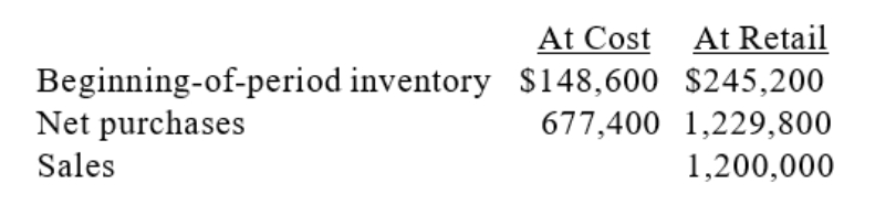 Harlingen Store uses the retail method and has the following information available concerning their most recent accounting period:   (1)What is the cost ratio using the retail method?(2)What is the estimated cost of the ending inventory?