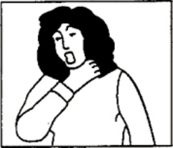 The nurse observes a patient using this gesture (see diagram) . What should the nurse do?   A)  assume the patient is having throat pain and administer pain medication B)  prepare to perform the Heimlich maneuver C)  assess the patient for cyanosis, difficulty breathing, and stridor and wait until normal breathing resumes D)  sit with the patient until the laryngospasm passes and encourage deep breathing