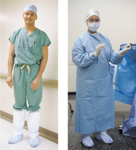 The nurse is assigned as the surgical scrub nurse for outpatient cases. Place an X on the picture that depicts how the nurse will dress for these cases.