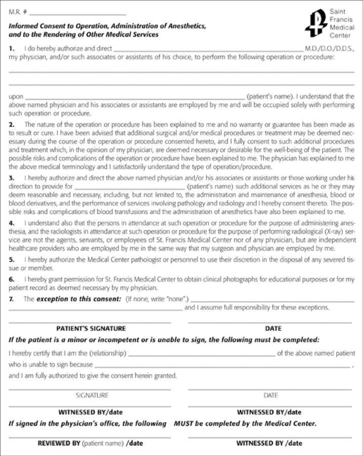 <strong>The nurse takes the form identified below to a patient's room in preparation for an emergency surgical procedure. The patient states, Doc said he would tell me all about the surgery when he gets here. Do you know what they are going to do? What is the nurse's best response? </strong> A) Let's wait on signing this until your physician has talked to you. B) Let me go get a medical surgical textbook so I can use the pictures to explain the procedure. C) I am not certain; let me call the nursing supervisor to explain it to you. D) Go ahead and sign this so we will have that part done when the physician gets here.