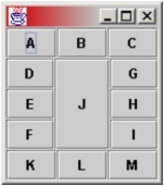 Provide code to generate the following JFrame. Each lettered item is a JButton. Hint: Create several JPanels, each one having two or more JButtons and taken up a portion of the JFrame.   
