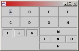 Provide code to generate the following JFrame. Each lettered item is a JButton. Hint: Create several JPanels, each one having two or more JButtons and taken up a portion of the JFrame.   