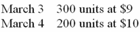 A company purchased inventory as follows:   On March 5, it sold 400 units for $17 each. The weighted- average unit cost to be used for the cost of goods sold on March 5, in a perpetual inventory system, is A)  $9.40. B)  $9.00. C)  $9.60. D)  $10.00.