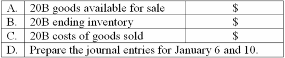 Davis Company uses the perpetual inventory system and the FIFO inventory costing method. All purchases and sales were cash transactions. The records reflected the following for January, 20B    Determine the following   