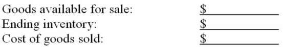 Libby Company uses the periodic inventory system and applied FIFO inventory costing. At the end o the annual accounting period, December 31, 20D, the accounting records for the best selling item in inventory showed:    Determine the following (show computations and round to the nearest dollar):   