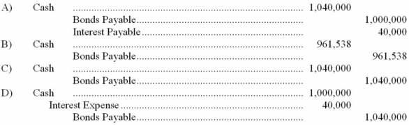One thousand bonds with a face value of $1,000 each, are sold at 104. The entry to record the issue is   A)  Choice A B)  Choice B C)  Choice C D)  Choice D