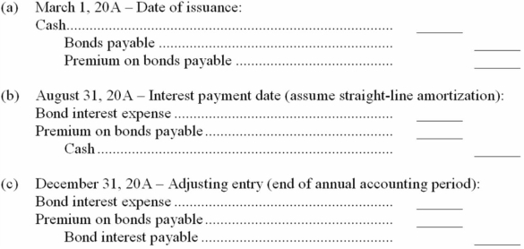 On March 1, 20A, Allen, Inc., issued a $1,000, 8%, five-year bond payable for $1,060. The bond wa dated on March 1, 20A, and interest is payable each February 28 and August 31. You are to complete the following entries: (round to the nearest dollar.)    (d) Was the bond issued at par, at a premium, or at a discount? (e) What is the carrying value of book value of the bond on December 31, 20A? (f) Where in the financial statements does the carrying value of the bond appear (be specific)? (g) On what date does the bond issue mature?
