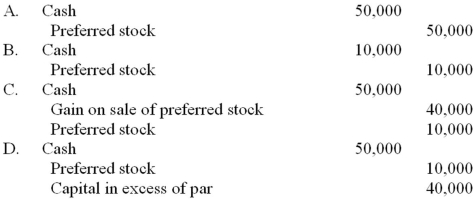 What is the correct entry for the sale of 1,000 shares of $10 par value preferred stock for $50,000 cash?   A)  Option A B)  Option B C) Option C D) Option D