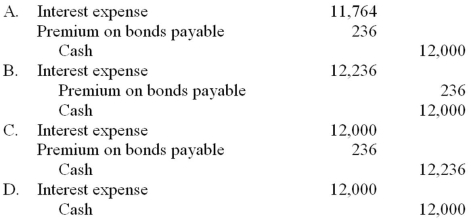 <strong>Mayberry, Inc., issued $100,000 of 10 year, 12% bonds dated April 1, 2013, for $102,360 on April 1, 2013. The bonds pay interest annually on April 1. Straight-line amortization is used by the company. What entry is required at April 1, 2014 for the first interest payment? </strong> A) Option A B) Option B C)Option C D)Option D