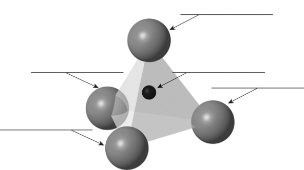 Label each of the five atoms in this silicon-oxygen tetrahedron.   