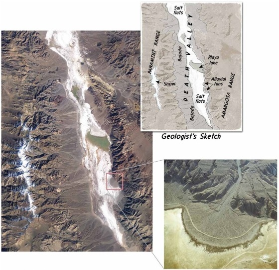   Examine the aerial photograph of Death Valley, California, part of the Basin and Range province. Note that the western side of Death Valley, up against the Panamint Range, features a well-developed bajada, while the east side of the valley, up against the Amargosa Range, shows only a few isolated alluvial fans. Suggest an explanation for this asymmetry, and how you would test your hypothesis with an investigation on the ground.<div style=padding-top: 35px> 