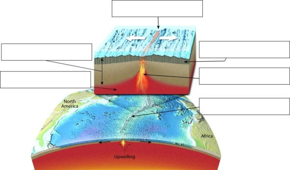 Label each of the features associated with this divergent plate boundary.   