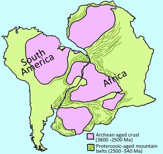    Examine this map showing the age of the crust in Africa and South America, and the position of ancient mountain belts (areas where mountain ranges used to exist, but have since been eroded down to their roots). This information was not available to Alfred Wegener. Would he find it consistent with the idea of continental drift, or would it prove his idea wrong? Explain.