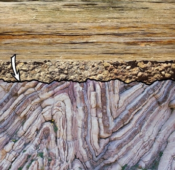   The white arrow in this cross-section points to an unconformity (black line) . What kind of unconformity is it? A) disconformity B) angular unconformity C) nonconformity D) dike