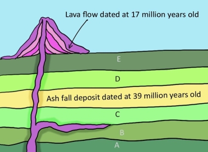   Use the geological cross-section to determine the age of rock layer D as precisely as possible. A) It is 40 million years old. B) It is between 39 million years old and 25 million years old. C) It is between 39 million years old and 17 million years old. D) It is older than 17 million years old.