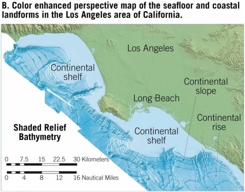    The map shows the bathymetry of the ocean floor off the coast of Los Angeles, California. Note the prominent submarine canyon on the continental shelf and slope. How was this feature likely generated?