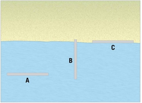   Examine the figure. Of the three forms of hard stabilization illustrated here, which one is the groin? A) A B) B C) C D) none of these is a groin