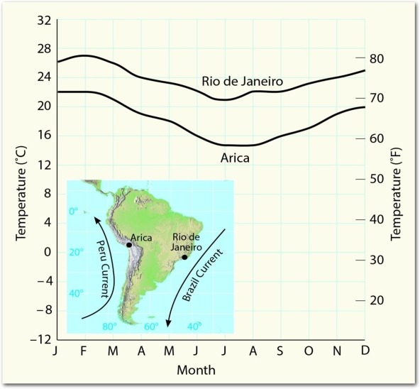    Examine the figure and use the information provided there to explain the different temperature trends seen in Arica and Rio de Janeiro.