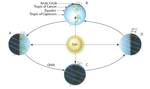   Examine the figure. Which of the four lettered positions depicts the Northern Hemisphere winter solstice? A) A B) B C) C D) D