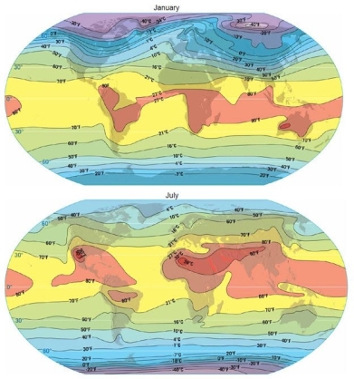    Compare and contrast the two maps showing the global distribution of temperatures in January and July. Explain the differences as fully as possible.