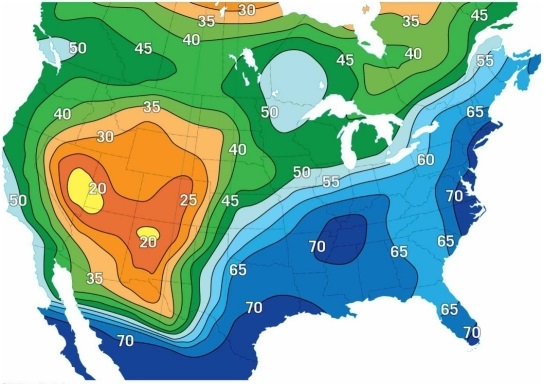   Examine the map. It shows dew-point temperatures on a typical September day. Where in the 48 contiguous United States would a psychrometer have the largest discrepancy between the dry bulb thermometer and the wet bulb thermometer? A) southern Florida B) western Oregon C) northern Maine D) southeastern Utah