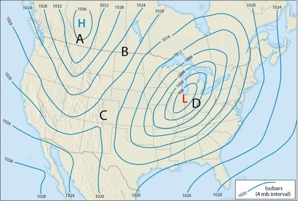   Which of the four lettered locations on the map would have the highest pressure gradient (and thus, the highest potential for winds) ? A) A B) B C) C D) D