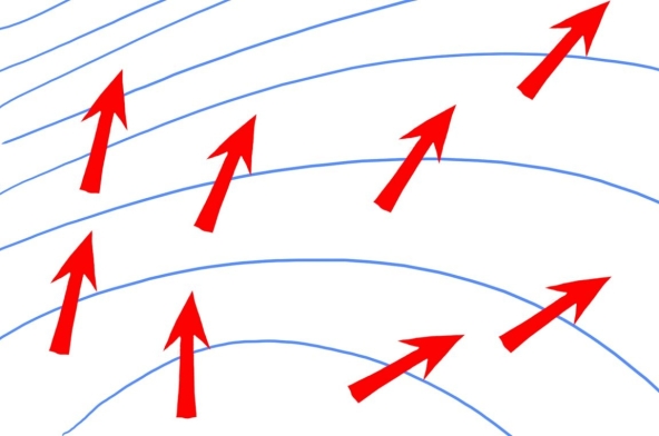  Examine this map view of isobars (blue lines) and wind directions (red arrows) . Based on the information in this map, what kind of winds are these most likely to be? A) surface winds B) geostrophic winds C) winds on a non-rotating Earth D) Santa Ana winds