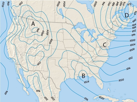   Examine the map showing air pressure in millibars. Which of the four lettered locations deserves a wind hazard alert? A) A B) B C) C D) D