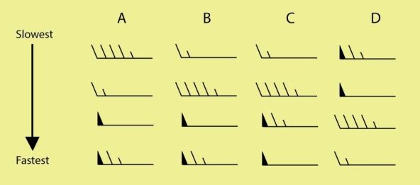   Examine the figure. Which of the four lettered columns shows the correct order of slowest wind symbols (top) to fastest wind symbols (bottom) ? A) A B) B C) C D) D