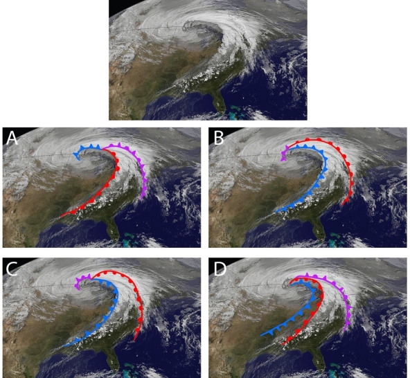   Examine the figure. Based on our best understand of mid-latitude cyclones, which of the four lettered interpretations best matches the weather patterns observed in the  raw  satellite image at top? A) A B) B C) C D) D