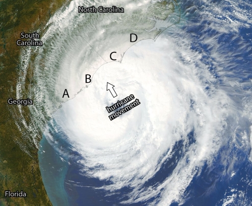   Examine the figure. Of the four lettered locations on the coast of North and South Carolina, which one will likely experience the worst storm surge? A) A B) B C) C D) D