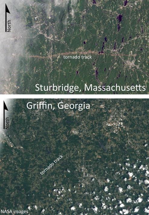    Which of the two tornado tracks shown in these satellite images is typical of the path taken by most tornados in the United States? Explain the  normal  pattern, and suggest a reason for the deviation seen in the other image.