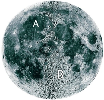   Examine the figure. Which of the lettered locations show the anorthosite-rich lunar highlands? A) A B) B C) both A and B D) neither A nor B