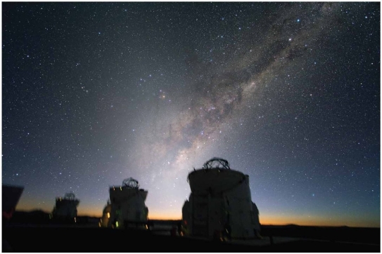    Examine this photo of the Milky Way taken from Earth shortly after sunset. If you were there when this photo was taken, and a friend asked you to explain what you're seeing here, what features would you point out to them? What explanations would you give?