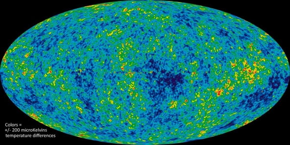    Nasa image This image is a  map  of the universe's microwave background radiation. It shows 13.77 billion year old temperature fluctuations from shortly after the big bang (shown as color differences)that correspond to the gravitational  seeds  that grew to become the galaxies. Why is this heterogeneity important?