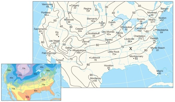 <strong> Consider the isotherm map of the United States shown above.Which of the following statements best describes the area between Las Vegas,NV,and Palm Springs,CA?</strong> A)This area exhibits one of the greatest temperature gradients on the map. B)This area exhibits one of the lowest temperature gradients on the map. C)One would expect to encounter a temperature of 40°F if driving from Las Vegas to Palm Springs. D)The average temperature in this area is below freezing.