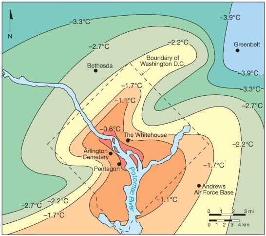 <strong> The phenomenon illustrated in the map above is known as:</strong> A)the urban heat island. B)the city heat center. C)geographic positioning. D)the greenhouse effect.