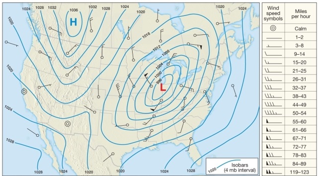   -Refer to the map above.Which of the following areas is most likely to be experiencing rain or other significant weather? A) the Great Lakes region B) the Southwest C) Western Canada D) the Pacific Northeast