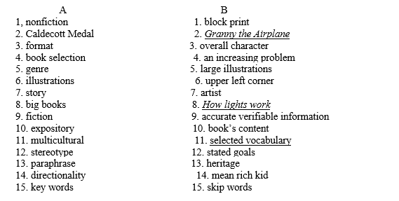 Pair a word or phrase in Column A to one that best fits in Column B   