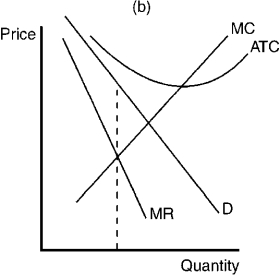 Figure 10-12                -Refer to Figure 10-12. Panel (a)  shows a profit-maximizing competitive price-searcher firm that is A)  earning zero economic profit. B)  likely to exit the market in the long run. C)  producing its efficient scale of output. D)  not maximizing its profit.