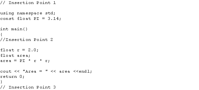 Consider the following code. In this code, where does the include statement belong?   A)  Insertion Point 1 B)  Insertion Point 2 C)  Insertion Point 3 D)  Anywhere in the program