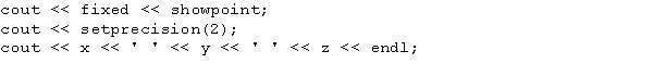 Suppose that x = 25.67, y = 356.876, and z = 7623.9674. What is the output of the following statements?   A)  25.67 356.87 7623.96 B)  25.67 356.87 7623.97 C)  25.67 356.88 7623.97 D)  25.67 356.876 7623.967