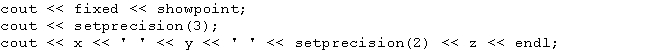 Suppose that x = 55.68, y = 476.859, and z = 23.8216. What is the output of the following statements?   A)  55.680 476.859 23.82 B)  55.690 476.860 23.82 C)  55.680 476.860 23.82 D)  55.680 476.859 23.821