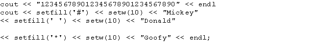 What is the output of the following statements?   A)  123456789012345678901234567890 ####Mickey Donald*****Goofy B)  123456789012345678901234567890 ####Mickey####Donald*****Goofy C)  123456789012345678901234567890 ####Mickey####Donald#####Goofy D)  23456789012345678901234567890 ****Mickey####Donald#####Goofy