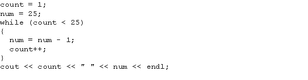 What is the output of the following C++ code?   A)  24 0 B)  24 1 C)  25 0 D)  25 1