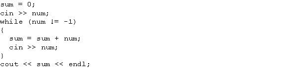Suppose sum and num are int variables, and the input is 18 25 61 6 -1. What is the output of the following code?   A)  92 B)  109 C)  110 D)  119