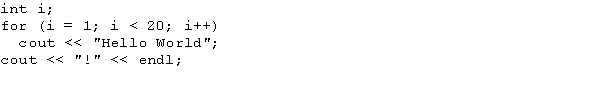 What is the initial statement in the following for loop? (Assume that all variables are properly declared.)    A)  i = 1; B)  i < 20; C)  i++; D)  cout <<  Hello World ;